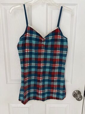 PACT Blue/Red/Cream Striped Plaid/Check Camisole w/ Lace Trim L LIKE NEW OTHER
